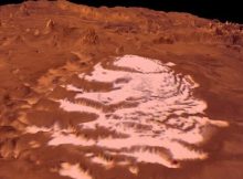 Perspective view of the South Polar Cap of Mars using Viking imagery draped over topography from the Mars Orbiter Laser Altimeter. White ice is residual carbon dioxide cap that resides on top of and protects the much thicker CO2 glaciers. The surrounding terrain is composed of red dust that overlies the mountains in the background and the 4 kilometer thick H2O ice cap that supports the CO2 glaciers. Credit: NASA data visualized using JMARS.