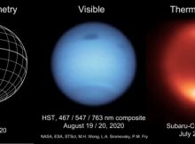 Neptune as seen in visible light (centre) and thermal-infrared wavelengths (right), in 2020. The centre image combines multiple images from the Hubble Space Telescope, while the thermal-infrared image on the right was taken from the Subaru Telescope on Maunakea, Hawai’i. In the thermal-infrared, Neptune’s warm south pole glows more brightly than ever seen before. Credit: Michael Roman/NASA/ESA/STSci/M.H. Wong/L.A. Sromovsky/P.M. Fry