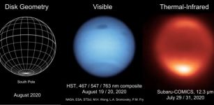 Neptune as seen in visible light (centre) and thermal-infrared wavelengths (right), in 2020. The centre image combines multiple images from the Hubble Space Telescope, while the thermal-infrared image on the right was taken from the Subaru Telescope on Maunakea, Hawai’i. In the thermal-infrared, Neptune’s warm south pole glows more brightly than ever seen before. Credit: Michael Roman/NASA/ESA/STSci/M.H. Wong/L.A. Sromovsky/P.M. Fry