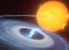 This artist’s impression shows a two-star system where micronovae may occur. The blue disc swirling around the bright white dwarf in the centre of the image is made up of material, mostly hydrogen, stolen from its companion star. Towards the centre of the disc, the white dwarf uses its strong magnetic fields to funnel the hydrogen towards its poles. As the material falls on the hot surface of the star, it triggers a micronova explosion, contained by the magnetic fields at one of the white dwarf’s poles. Credit: ESO/M. Kornmesser, L. Calçada