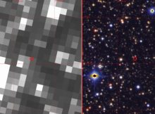 The view of the region close to the Galactic Centre centred where the planet was found. The two images show the region as seen by Kepler (left) and by the Canada-France-Hawaii Telescope (CFHT) from the ground. The planet is not visible but its gravity affected the light observed from a faint star at the centre of the image (circled). Kepler's very pixelated view of the sky required specialised techniques to recover the planet signal