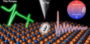 In the ultrahigh vacuum of a scanning tunneling microscope, a hydrogen molecule is held between the silver tip and sample. Femtosecond bursts of a terahertz laser excite the molecule, turning it into a quantum sensor. Credit: Wilson Ho Lab, UCI