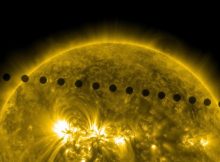 Sequence of images from Solar Dynamic Observatory in 171 wavelength of the Venus transit, merged together to show the path of Venus across the sun. Credit: NASA/SDO