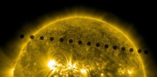 Sequence of images from Solar Dynamic Observatory in 171 wavelength of the Venus transit, merged together to show the path of Venus across the sun. Credit: NASA/SDO