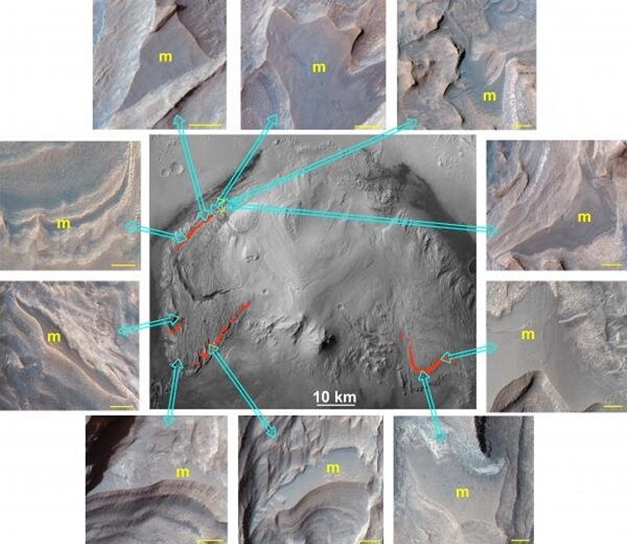 1 / 1Context Camera (CTX) mosaic of Mount Sharp (center) in Gale Crater with exposures of the marker horizon shown in red. Surrounding the CTX mosaic are HiRISE enhanced color image subsets of the marker horizon (m) taken throughout Mount Sharp, with blue arrows showing approximate locations where each subset occurs in Mount Sharp. The yellow scale bar in each subset image is 50 meters. A different stretch has been applied to each subset image so the colors are not comparable between images. Credit: NASA/MSSS/University of Arizona