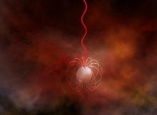 Artist's conception of a neutron star with an ultra-strong magnetic field, called a magnetar, emitting radio waves (red). Magnetars are a leading candidate for what generates Fast Radio Bursts. Credit: Bill Saxton, NRAO/AUI/NSF