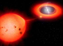 This illustration shows an intermediate polar system, a type of two-star system that the research team thinks V1674 Hercules belongs to. A flow of gas from the large companion star impacts an accretion disk before flowing along magnetic field lines onto the white dwarf. Credit: Mark Garlick