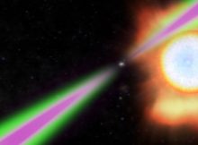 A spinning neutron star periodically swings its radio (green) and gamma-ray (magenta) beams past Earth in this artist’s concept of a black widow pulsar. The neutron star/pulsar heats the facing side of its stellar partner (right) to temperatures twice as hot as the sun’s surface and slowly evaporates it. Credit: NASA’s Goddard Space Flight Center