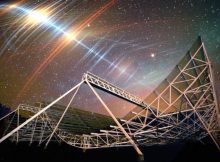 Astronomers detected a persistent radio signal from a far-off galaxy that appears to flash with surprising regularity. Named FRB 20191221A, this fast radio burst, or FRB, is currently the longest-lasting FRB, with the clearest periodic pattern, detected to date. Pictured is the large radio telescope CHIME that picked up the FRB. Credit: CHIME, with background edited by MIT News