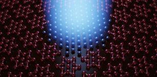 This illustration represents the light-induced collapse of the nanoscale charge order in a 2D crystal of tantalum disulfide (star-shapes) and the generation of a hidden metastable metallic state (spheres). Credit: Frank Yi Gao