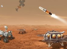 This illustration shows a concept for multiple robots that would team up to ferry to Earth samples collected from the Mars surface by NASA's Mars Perseverance rover. Credit: NASA/ESA/JPL-Caltech