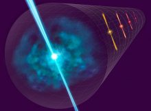 Conceptual image of this research: using Gamma Ray Bursts to determine distance in space. Credit: NAOJ