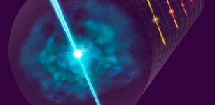 Conceptual image of this research: using Gamma Ray Bursts to determine distance in space. Credit: NAOJ