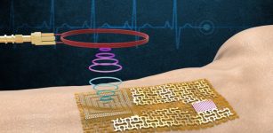 MIT engineers fabricated a chip-free, wireless electronic “skin.” The device senses and wirelessly transmits signals related to pulse, sweat, and ultraviolet exposure, without bulky chips or batteries. Credit: Massachusetts Institute of Technology