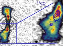 Scientists studying the young star AS 209 have detected gas in a circumplanetary disk for the first time, which suggests the star system may be harboring a very young Jupiter-mass planet. Science images from the research show (right) blob-like emissions of light coming from otherwise empty gaps in the highly-structured, seven-ring disk (left). Credit: ALMA (ESO/NAOJ/NRAO), J. Bae (U. Florida)