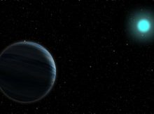 Artist's concept of a Neptune-sized planet, left, around a blue, A-type star. UC Berkeley astronomers have discovered a hard-to-find gas giant around one of these bright, but short-lived, stars, right at the edge of the hot Neptune desert where the star's strong radiation likely strips any giant planet of its gas. Credit: Steven Giacalone, UC Berkeley