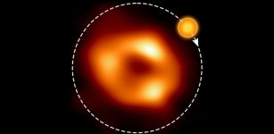 This shows a still image of the supermassive black hole Sagittarius A*, as seen by the Event Horizon Collaboration (EHT), with an artist’s illustration indicating where the modelling of the ALMA data predicts the hot spot to be and its orbit around the black hole. Credit: EHT Collaboration, ESO/M. Kornmesser (Acknowledgment: M. Wielgus)