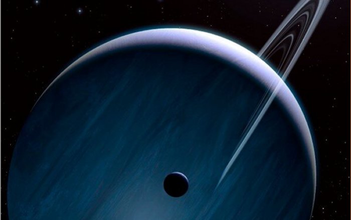 Artist's impression of a BEASTie. The image shows a gas giant planet (like Jupiter) on a distant orbit around a blue, massive star. The planet is likely to have been captured or stolen from another star. The background stars are members of the same star-forming region and could be the star the BEASTie was born around. Credit: Mark Garlick