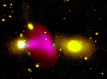 Image of the black hole within galaxy RAD12 spewing a large unipolar radio bubble on to its merging companion galaxy. Credit Dr Ananda Hota, GMRT, CFHT, MeerKAT Licence type Attribution (CC BY 4.0)