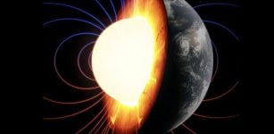 An interior cutaway of the early Earth highlighting its major geodynamic processes. Magnetic field lines are drawn in blue and red emanating from the liquid core that generated them, while plate tectonic forces rearrange the surface and play a role in the churning circulation of the rocky mantle below. Credit: Alec Brenner