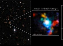 A Hubble image of the quasar and the same area viewed with the James Webb Space Telescope. The Webb image shows multiple galaxies coalescing, with each color representing a different velocity: Red is moving away from us. Blue is moving toward us. Credit: ESA/Webb, NASA & CSA, D. Wylezalek, A. Vayner & the Q3D Team, N. Zakamska