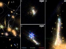 The surrounding environment of the Sparkler galaxy (L) and close-up views of it. Credit: Mowla, Iyer et al. 2022