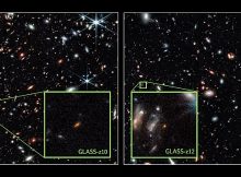 Two regions of the galaxy cluster Abell 2744, the gravity of which magnifies the light from extremely distant background galaxies. The colors are composed of several infrared images, and the large fields are 2 arcminutes across, corresponding to 1/16 of the width of the full moon. The zoom-ins show the galaxies GLASS-z10 and GLASS-z12, where the latter is a candidate for the most distant galaxy ever discovered. Credit: NASA, ESA, CSA, Tommaso Treu (UCLA), Zolt G. Levay (STScI).