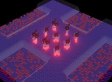 Researchers created a grid of quantum dots (center) ranging from one to three phosphorus atoms deposited onto a plane embedded in silicon and studied the properties of electrons injected into the grid. Credit: Wang et al/NIST