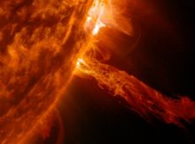 A NASA image of plasma bursting from the sun. Plasma—a hot soup of atoms with free moving electrons and ions—is the most abundant form of matter in the universe, found throughout our solar system in the sun and other planetary bodies. A new study from University of Rochester researchers provides experimental data about how radiation travels through dense plasmas, which will help scientists to better understand planetary science and fusion energy. (NASA image)