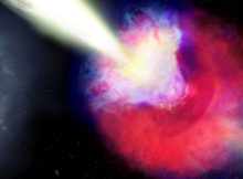 Artist’s impression of GRB 211211A. The kilonova and gamma-ray burst is on the right. The blue color represents material squeezed along the poles, while the red colors indicate material ejected by the two inspiralling neutron stars that is now swirling around the merged object. A disk of ejecta emitted after the merger, hidden behind the red and blue ejecta, is shown in purple. A fast jet (shown in yellow) of material punches through the kilonova cloud. The event occurred about 8 kiloparsecs from its host galaxy (left). Credit: Aaron M. Geller/Northwestern/CIERA and IT Research Computing Services.