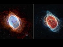 Southern Ring Nebula (NIRCam and MIRI images side by side). NASA's James Webb Space Telescope offers dramatically different views of the Southern Ring Nebula.Each image combines near- and mid-infrared light from three filters. At left, Webb's image of theSouthern Ring Nebula highlights the very hot gas that surrounds the two central stars. At right, Webb'simage traces the star's scattered molecular outflows that have reached farther into the cosmos. In theimage at left, blue and green were assigned to Webb's near-infrared data taken in 1.87 and 4.05 microns(F187N and F405N), and red was assigned to Webb's mid-infrared data taken in 18 microns (F1800W). Inthe image at right, blue and green were assigned to Webb's near-infrared data taken in 2.12 and 4.7microns (F212N and F470N), and red was assigned to Webb's mid-infrared data taken in 7.7 microns(F770W). Credit: NASA, ESA, CSA, and O. De Marco (Macquarie University)