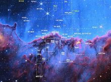 The image shows a star-forming region in the constellation Carina known as the Cosmic Cliffs. Many newborn stars in such regions are shrouded in thick clouds of dust. Webb’s infrared camera penetrated the dust, allowing astronomers to discover telltale signs of two dozen infant stars that hadn’t been previously detected. (Image courtesy of NASA, ESA, CSA and STScI)