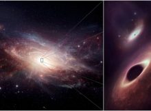 This artist’s conception shows a late-stage galaxy merger and its two newly-discovered central black holes. The binary black holes are the closest together ever observed in multiple wavelengths. Credit: ALMA (ESO/NAOJ/NRAO); M. Weiss, NRAO/AUI/NSF