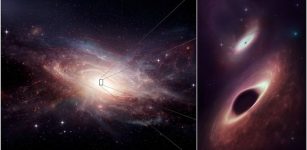 This artist’s conception shows a late-stage galaxy merger and its two newly-discovered central black holes. The binary black holes are the closest together ever observed in multiple wavelengths. Credit: ALMA (ESO/NAOJ/NRAO); M. Weiss, NRAO/AUI/NSF