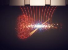 Illustration of a single qubit as ir begins to accelerate in response to a microwave signal, and the electron begins rattling within the quantum dot. Credit: Tony Melov - CC BY