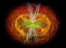 Numerical simulation of the neutron stars merging to form a black hole, with their accretion disks interacting to produce electromagnetic waves. Credit: L. Rezolla (AEI) & M. Koppitz (AEI & Zuse-Institut Berlin)