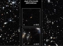 Two exceptionally bright galaxies were captured in GLASS-JWST program. These galaxies existed approximately 450 and 350 million years after the Big Bang (with a redshift of approximately 10.5 and 12.5, respectively), and sizes are roughly 500 parsecs and 170 parsecs, respectively. Credit: NASA, ESA, CSA, Tommaso Treu (UCLA)