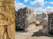 Left: Neo-Hittite storm god "Tarhunzas" in the Aleppo museum. Credit: Verity Cridland, Wikipedia, CC BY 2.0 - Right: Sphinx Gate, Hattusa, Turkey. Credit: Bernard Gagnon, Wikipedia, CC BY-SA 3.0