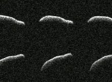 This collage shows six planetary radar observations of 2011 AG5 a day after the asteroid made its close approach to Earth on Feb. 3. With dimensions comparable to the Empire State Building, 2011 AG5 is one of the most elongated asteroids to be observed by planetary radar to date. Credits: NASA/JPL-Caltech