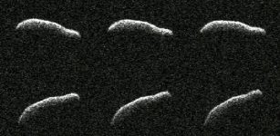 This collage shows six planetary radar observations of 2011 AG5 a day after the asteroid made its close approach to Earth on Feb. 3. With dimensions comparable to the Empire State Building, 2011 AG5 is one of the most elongated asteroids to be observed by planetary radar to date. Credits: NASA/JPL-Caltech