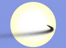 Simulated stream of dust launched between Earth and the sun. This dust cloud is shown as it crosses the disk of the sun, viewed from Earth. Streams like this one, including those launched from the moon’s surface, can act as a temporary sunshade.