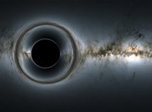 This simulation of a supermassive black hole shows how it distorts the starry background and captures light, producing a black hole silhouettes. Credit: NASA’s Goddard Space Flight Center; background, ESA/Gaia/DPAC