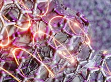 Illustration of exciton splitting in the organic semiconductor pentacene, which consists of five benzene rings each. Instead of the usual two free charge carriers, absorption of a photon in pentacene generates four free charge carriers, represented by orange tracks. Credit: TU Berlin