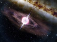 Artist illustration depicting a collapsing star that is producing two short gamma-ray jets. Credit: International Gemini Observatory/NOIRLab/NSF/AURA/J. da Silva Image processing: M. Zamani (NSF's NOIRLab)