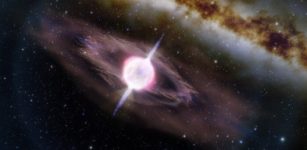 Artist illustration depicting a collapsing star that is producing two short gamma-ray jets. Credit: International Gemini Observatory/NOIRLab/NSF/AURA/J. da Silva Image processing: M. Zamani (NSF's NOIRLab)